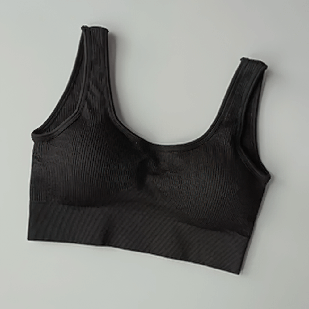 Seamless ribbed sports bra for women SF2186 in black nylon and spandex, removable cups, supportive fit for yoga, pilates, running